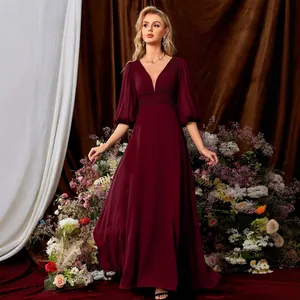 Elegantes burgunderrotes Chiffon-Abendkleid mit tiefem V-Ausschnitt und Puffärmeln