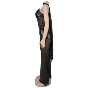Detail of black sequin mesh evening dress showing side view on a mannequin