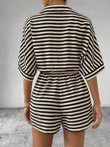 Rear view of casual striped two-piece set featuring short-sleeve shirt and matching shorts
