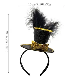 Mini sequin top hat headband with black feathers and gold bow detailing for party