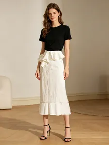 Elegant high-waist cotton linen midi skirt with ruffle design and black t-shirt