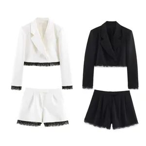 Women's Black Lace Trim Cropped Blazer And Shorts Summer Casual Elegant Long Sleeve Suit For Office Lady Fashion Wear