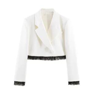 Cropped white blazer for women with exquisite black lace trim on cuffs and hem