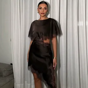 Women Elegant Satin Midi Dress Sexy Lace Patchwork Cut-out Waist Irregular Hem Sleeveless Party Bodycon Club Dress