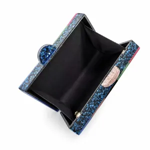 Retro acrylic clutch bag with blue sequins and colorful patchwork for evening dinner