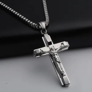 Collier Pendentif Croix Crucifix Jésus en Acier Inoxydable pour Homme Poli Religieux Vintage Hip Hop Bijoux Cadeau