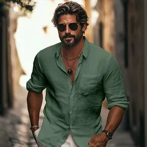 Men's dark green linen texture stretch shirt featuring a front pocket and button closure