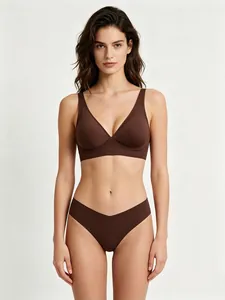 Detail of dark brown seamless V-neck bra and matching thong set in soft fabric