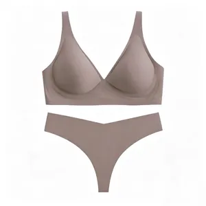 Seamless V-neck wireless bra and thong set in soft mauve fabric for women
