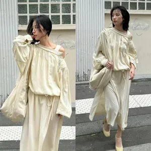 Women's Minimalist Off Shoulder Drawstring Waist Maxi Dress Long Sleeve Solid Color Relaxed Fit Elegant Woven Dress
