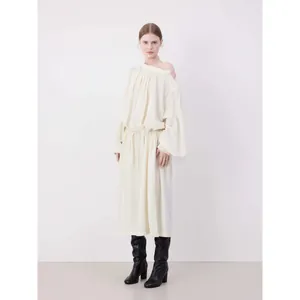 Minimalist cream off-shoulder long sleeve midi dress with adjustable drawstring waist