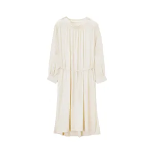Minimalist beige long sleeve dress with adjustable drawstring waist and side slits