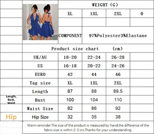 Detailed size guide for halter neck dress with bust, waist and hip measurements