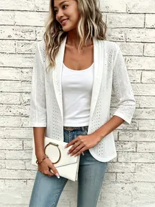 Women Plus Size Hollow Out Eyelet Embroidery Cardigan Mid Sleeve Open Front Thin Polyester Jacket Casual White Coat Top