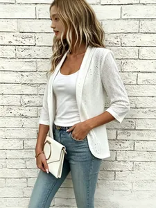 Women's white eyelet embroidery cardigan with 3/4 sleeves and open front design