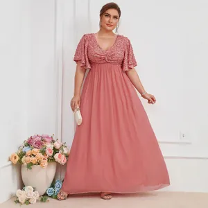 Plus Size Women V Neck Sequin Flare Sleeve Chiffon Maxi Dress Elegant Evening Party Wedding Gown Formal Long Dress
