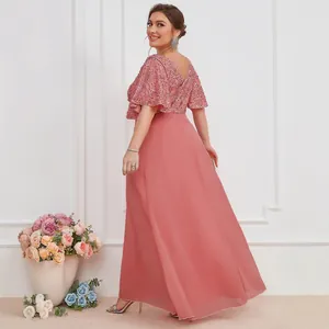 Elegant rose pink chiffon maxi dress with sequins V-neck and ruffled sleeves