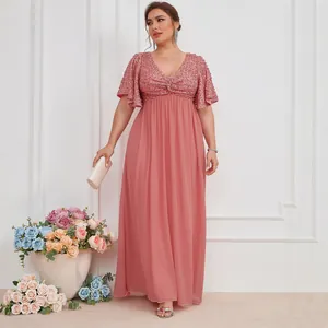 Elegant plus size V-neck chiffon gown with sequin bodice and flowing butterfly sleeves
