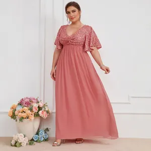 Elegant coral pink V-neck sequined gown with flutter sleeves and pleated chiffon skirt