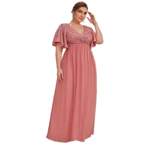 Elegant plus size pink sequin evening gown with V-neckline and flowy chiffon maxi skirt