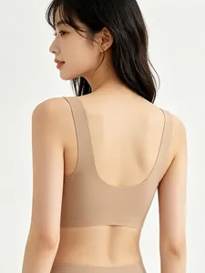 U-shaped back detail on seamless wireless bra with smooth silk-like texture and wide straps