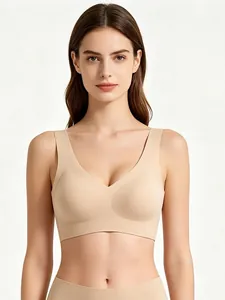 Close-up of seamless nude V-neck bralette showing smooth fabric and wireless design