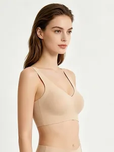 Side view of seamless V-neck bralette in nude skin tone with wide supportive straps