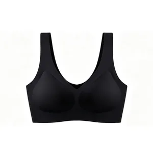 Close-up of seamless black V-neck bra with wide shoulder straps and smooth fabric