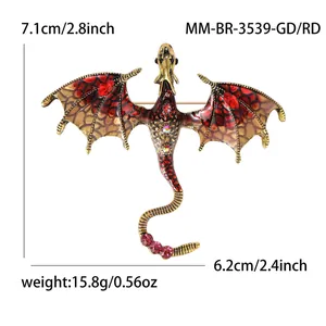 Spilla drago in oro vintage con smalto rosso e nero e strass multicolore