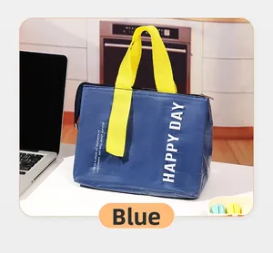 Detail of blue insulated lunch bag with Happy Day print and yellow sturdy handles