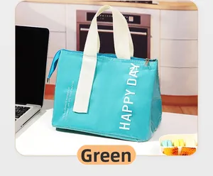Close-up of insulated blue lunch bag with white handles and durable metal zipper