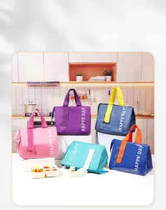 Detailed view of insulated lunch bags in multiple colors with wide handles and sturdy zippers