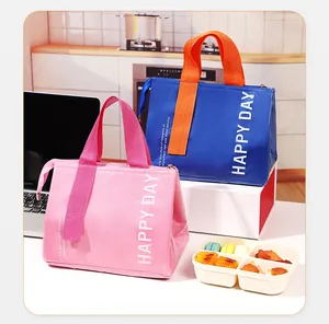 Detail of insulated lunch bags in blue and pink with sturdy handles and Happy Day print