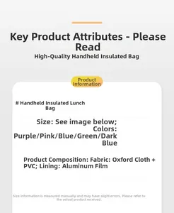 Detail specifications of the insulated lunch bag showing oxford fabric and aluminum lining