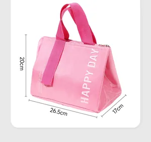 Pink lunch bag dimensions showing 26.5cm length and 20cm height on a white background