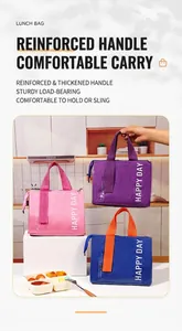 Detail of insulated lunch bags with reinforced handles in various vibrant colors