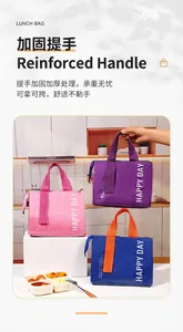Detail of insulated lunch bags with reinforced handles in various vibrant colors