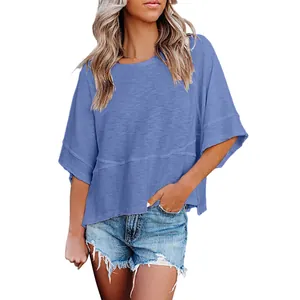 Women's casual loose blue T-shirt with flare sleeves and slub texture fabric