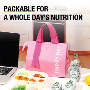 Pink insulated lunch bag with Happy Day print and sturdy handles for work or picnic