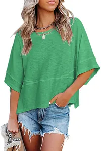 Women casual grass green flare sleeve top with slub texture and loose fit style