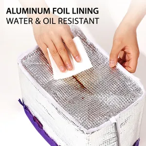 Large insulated lunch bag with thick aluminum foil lining and purple trim details