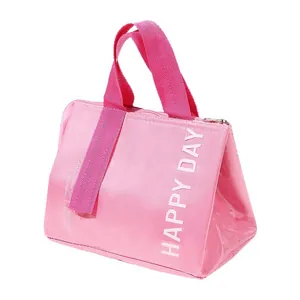 Pink insulated lunch bag with 'HAPPY DAY' print and thickened aluminum foil lining