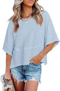 Light blue wide-sleeve casual T-shirt featuring decorative seam stitching and round neck