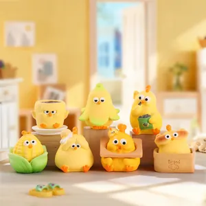 Macro shot of 7 creative yellow chick figurines on wooden blocks for desktop decoration