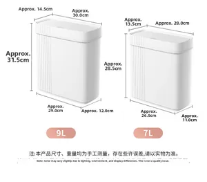 Size comparison chart for narrow 9L and 7L press-top slim trash bins with dimensions