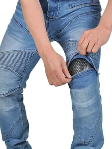 Slim fit light blue motorcycle riding jeans with protective silicone knee guards and pleats