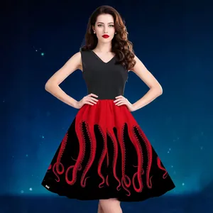 Women Vintage Sleeveless A-Line Dress Octopus Tentacle Print Round V-Neck High Waist Hepburn Style Swing Midi Dress