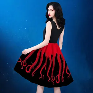 Vintage sleeveless black dress with red octopus print and waist-slimming fit