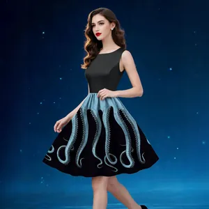 Retro sleeveless dress with octopus print and black slim fit bodice in Hepburn style