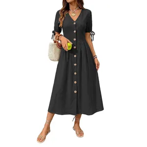 Women's black V-neck cotton linen dress with short sleeves and front buttons